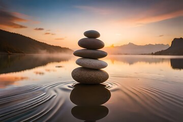 zen stones in water in sunrise bright morning