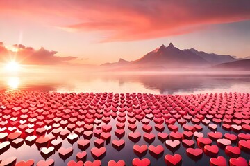 Fototapeta premium Valentine day decoration ideas . Seamless background with hearts balloons for celebration with your loved ones on holidays along the river . Hearts balloons are flowing in sky over water