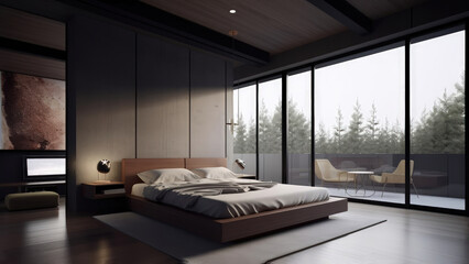 A modern and minimalist bedroom with a balcony and floor-to-ceiling glass windows that offer a stunning view. Photorealistic illustration, Generative AI