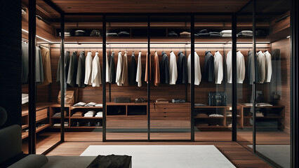 A bright and private closet with wooden furniture, glass sliding doors, clothing and boxes storage. Photorealistic illustration, Generative AI - obrazy, fototapety, plakaty