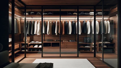 Fotobehang A bright and private closet with wooden furniture, glass sliding doors, clothing and boxes storage. Photorealistic illustration, Generative AI © DIMENSIONS