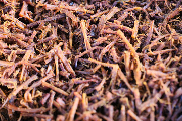 Close up shot of shredded beef, Javanese traditional dish from Indonesia, called Abon Mayang