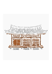 Editable Vector Illustration of Brush Strokes Style Front View Wide Traditional Hanok Korean House Building for Artwork Element of Oriental History and Culture Related Design