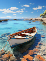 Naklejka na ściany i meble small fishing boat in a tranquil sea on a sunny day 