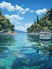  small ferry in a serene bay on a sunny day realistic
