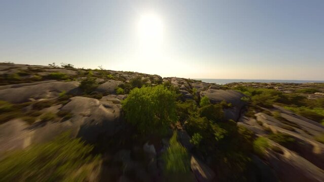 Drone flight over Lithuanian lake Baluosas towards the shoreline