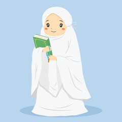 cute smiling Muslim girl wearing white mukena holding Quran and blue prayer beads ready for shalat. Muslim children character vector illustration.