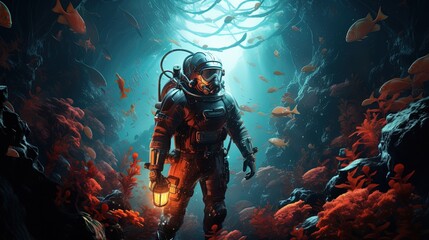 Naklejka na ściany i meble deep sea diver, digital art illustration, Generative AI