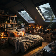  A loft bed by the skylight gray blankets cloudy day
