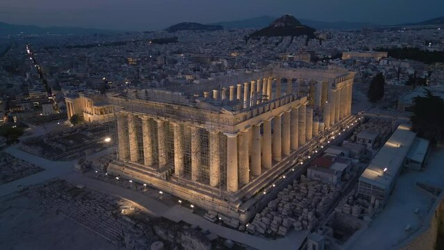 night curving back from Parthenon atop Acropolis in Athens Greece