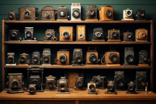 Collection Of Vintage Cameras Displayed, Generative AI