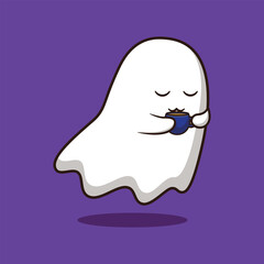 cute ghost drinking coffe halloween cartoon vector illustration