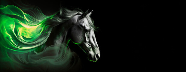 Spiritual Smoke Horse with Ethereal Green Mane - A Reverent Emblem of Mysticism against the Abyss of Darkness.