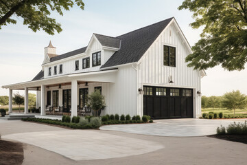 Fototapeta na wymiar a white farmhouse with black trim and yard, pool, luxury car