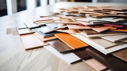Sample of wood materials on a wooden table. - obrazy, fototapety, plakaty