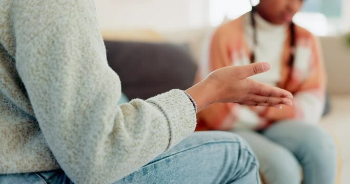 Discipline, mother and child bad behaviour with tantrum and angry with parent lecture on sofa. Home, conversation and development lesson of mom with kid lecture about problem and conflict from fight