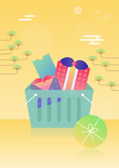 Gift boxes in a shopping basket on Korean traditional background illustration.