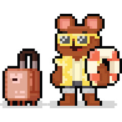 Pixel art cartoon summer brown bear traveller character