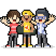 Obraz premium Pixel art happy boy group character