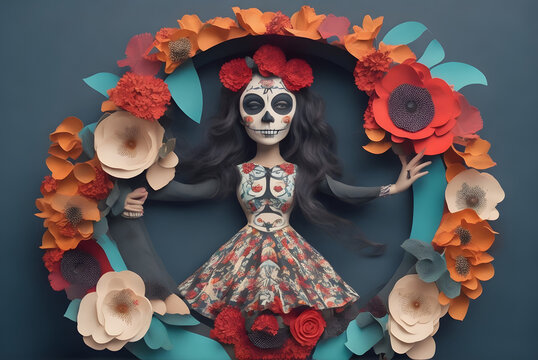 day of the dead catrina in a circle of flowers ai generated background