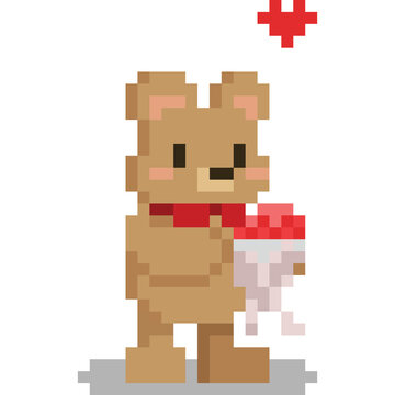 Pixel Art Bear With Rose Bunch