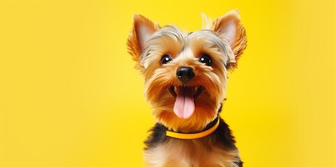 Generative AI : Happy dog puppy winking an eye and smiling on colored yellow backgorund with closed eyes.