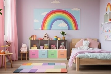 Generative AI : Front view of a kid's room interior with a table, shelves with boxes and rainbow, single bed and ice-cream poster on the wall