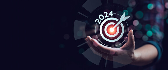 business goals & trends 2024. analytical businessperson planning business growth 2024, strategy digital marketing, profit income, economy, stock market trends and business, technical analysis strategy