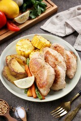 chicken steak for diet served with potatoes and vegetables