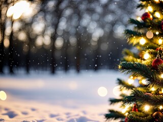 Beautiful Christmas winter background, beautiful bokeh, blurred background, copy space.
