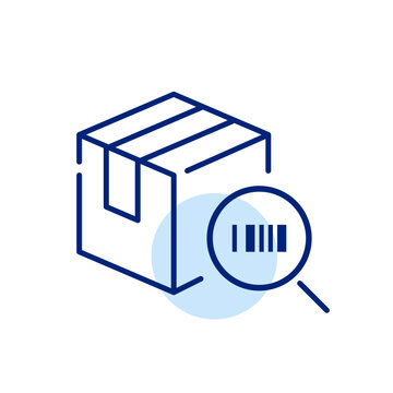 Parcel delivery with barcode. Scan with magnifying glass. Pixel perfect, editable stroke icon