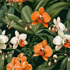 Fototapeta premium Vibrant Watercolor Exotic Orchids: Colorful Seamless Floral Pattern