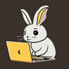 rabbit is using a laptop with a tired expression, keith haring doodle style, minimalist design, fl, vector illustration cartoon - obrazy, fototapety, plakaty