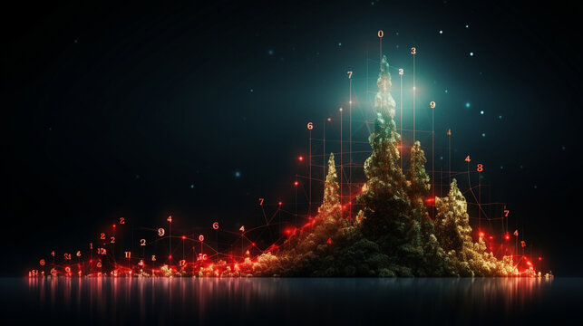Financial statistic graph in crisis with magic Christmas tree ambient and on background by generative AI.