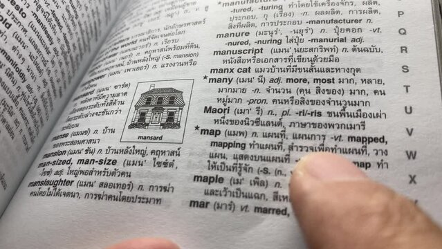 Hand open dictionary for reading. Close-up macro shot looking through a book turning the pages. Business and education concept. Pointing at word "Map"