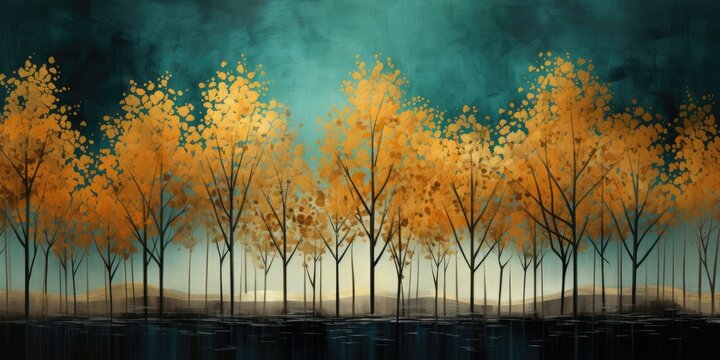 Teal and gold abstract painting of trees by a pond. Autumn birch tree leaves in modern art.