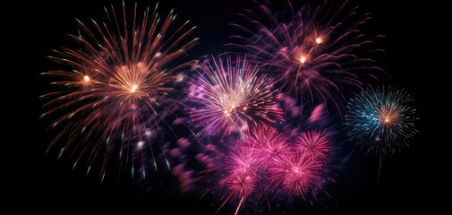 Naklejka premium Spectacular Fireworks Display: Multi-Colored Explosions in Night Sky, Generative AI