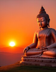 Fototapeta premium Photo of a serene Buddha statue sitting atop a majestic hill, radiating peace and enlightenment