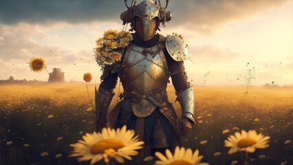 Photo of a knight standing in a field of sunflowers