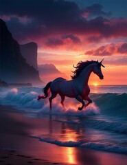 Photo of a majestic unicorn galloping along the sandy beach at sunset