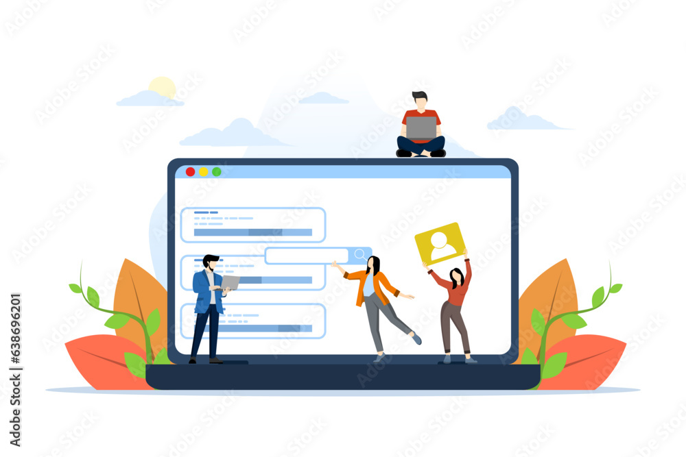 Poster concept of a team of people developing a website by filling it with functions, vector illustration f