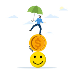 balance concept between money and happiness, wealth and health, businessman holding umbrella balancing himself on pile of smiling faces and dollar coins. Choose a meaningful life and true success.