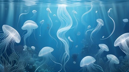 jellyfish in the blue water. Generative AI illustration - obrazy, fototapety, plakaty