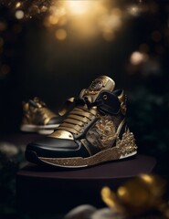 Photo of a stylish pair of gold and black high top sneakers