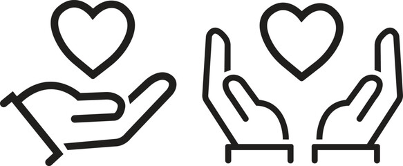 set of line Heart in hand icons. Hands holding heart icon. Love icon. Health, medicine symbol. Healthcare hands holding heart. family and love sign, isolated on white background.