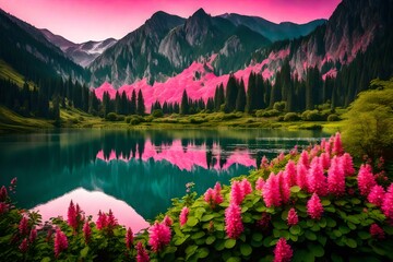 lake in the mountains and pink sky