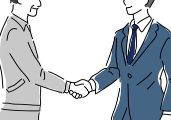 握手する作業服男性とスーツの男性のシンプル線画（顔無し）