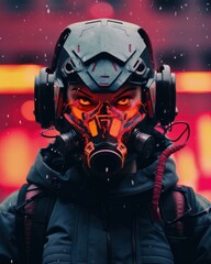 Potrait human wearing cyberpunk robotic mask at neon background