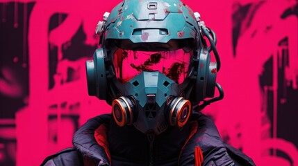 Potrait human wearing cyberpunk robotic mask at neon background