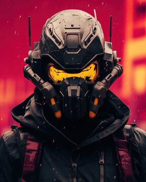 Potrait human wearing cyberpunk robotic mask at neon background